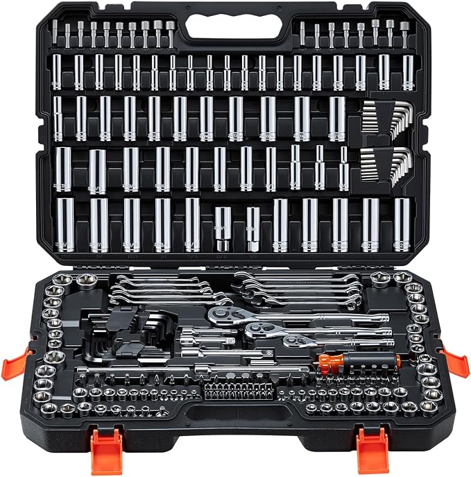 VEVOR Mechanics Tool Set, 253-Piece Mechanic Tool Kit, 1/4 in, 3/8 in, and 1/2 in Drive, SAE and Metric Socket Set, Wrenches, Screwdriver Bits, Accessories, and Storage Case, for Automotive Repair