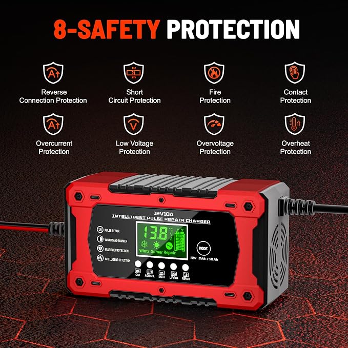 10A 12V Battery Charger for Car Fully Automatic Smart Trickle Charger & Maintainer with LCD Display, Temperature Compensation for Truck, Motorcycle, Boat, Lawn Mower