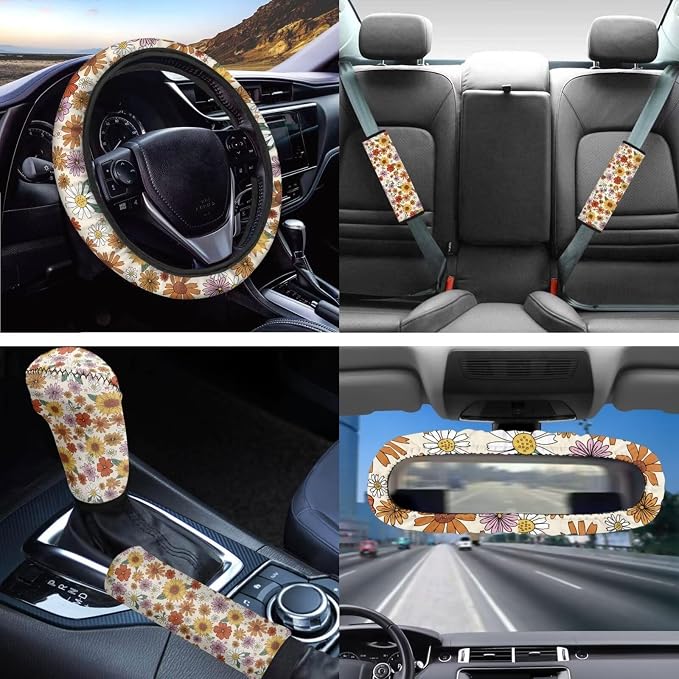 Cottage Daisy Flower Auto Seat Covers for Women Sunflower Car Accessory Car Seat Protector Interior Set with Steering Wheel Cover +Coasters+Key+Interior Mirror Cover+Hand Break+Gear Shift Pad
