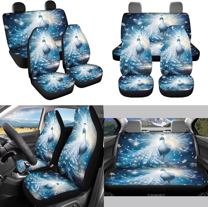 Peacock 13Pcs Car Seat Covers Full Set Car Seat Belt Cover Steering Wheel Cover Armrest Cushion Cup Coasters and Keychain Holder Suitable for Most Cars,SUV