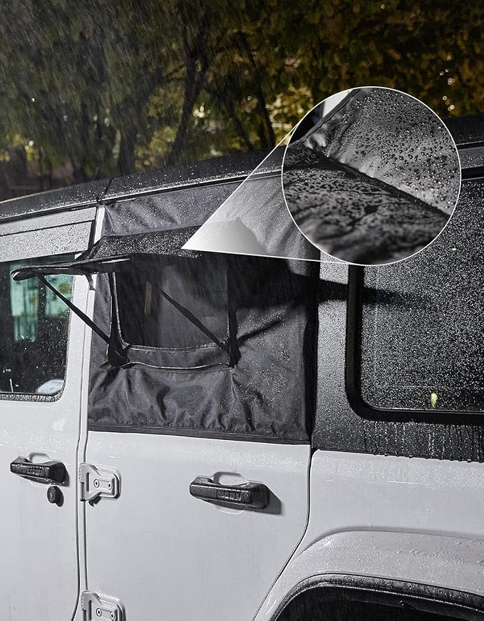 JOYTUTUS Rear Wrangler Side Window Sun Shade Rain Cover Camping Window Insect Mesh Screens Compatible with 2007-2026 Wrangler JK JL 4 Doors Gladiator JT, Car Window Covers for Privacy Blackout 2 Pcs