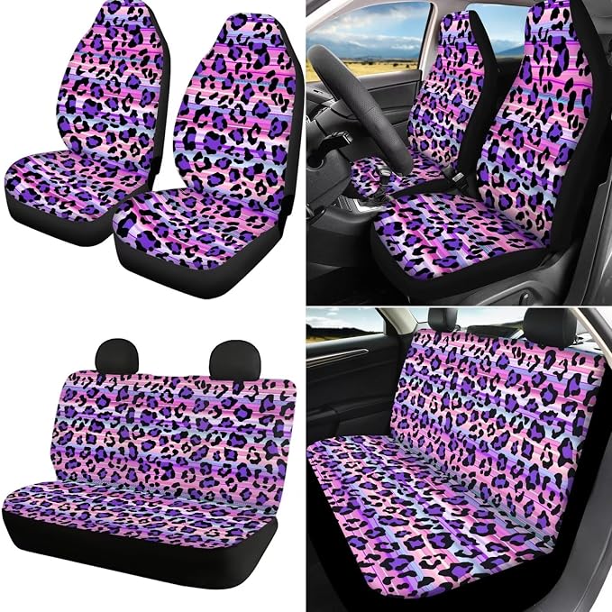 18 Pcs Purple Leopar Print Car Seat Cover SUV Full Set Cheetah Print Steering Wheel Cover+Center Console Pad+Armrest Cover+Seat Safety Belt Pad+Seatbelt Covers+Cup Mats+Keychain