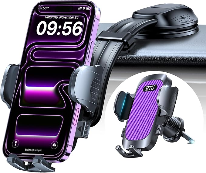 HTU Upgraded Strongest Suction Car Phone Holder Bendable Arm, Never Block View Rotatable Cellphone Mount for Dashboard Windshield Vent, Cradle Stand for iPhone 17 16 15 14 13 12 Pro Max (Rose Purple)