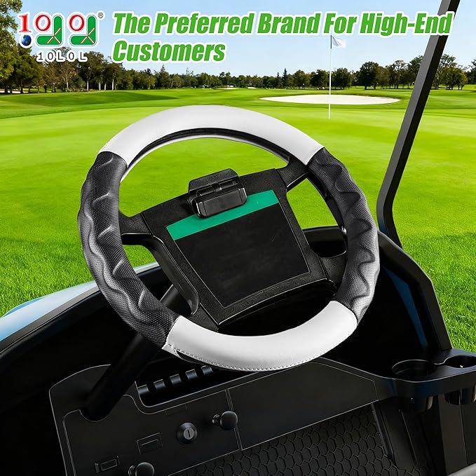 10L0L Golf Cart 14" Steering Wheel Cover for Club Car DS Precedent and Yamaha Models, Breathable Rubber Leather Materials,Good Texture Nice Look（Black+White）