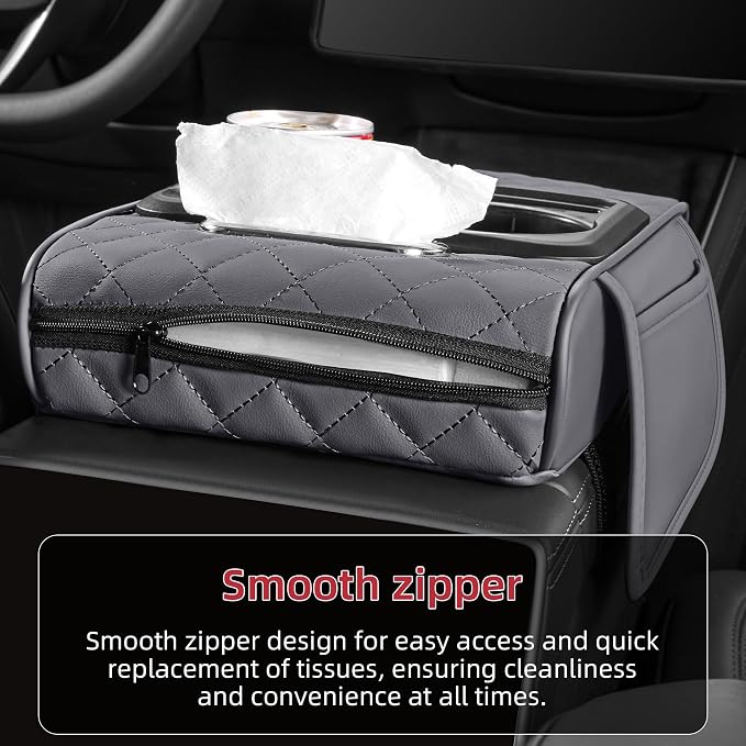 5 in 1 Nappa Leather Console Armrest Cover, Gray | Built-in cup holder, tissue slot, phone holder & 2 storage pockets, practical car accessories fit SUV sedan truck