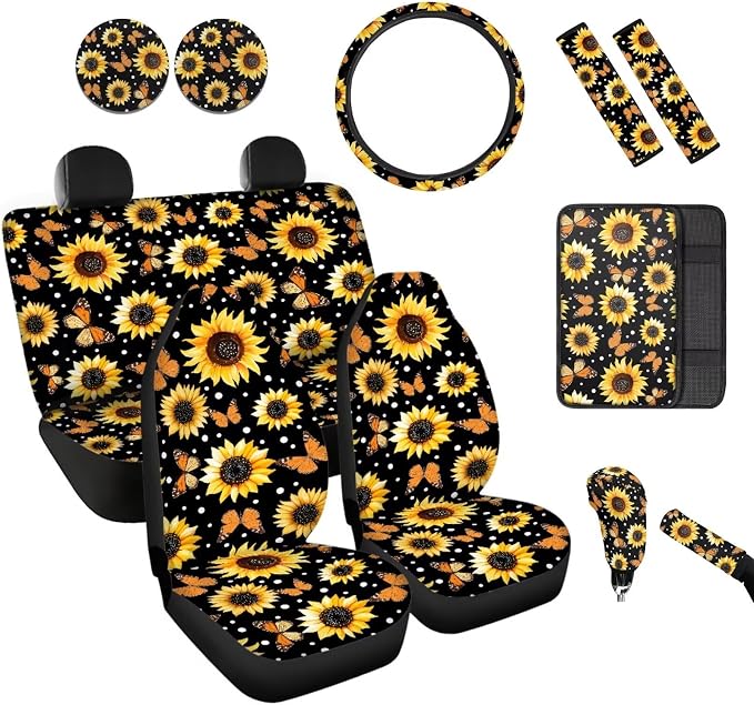 BIGCARJOB 12 Pcs Car Seat Covers Full Set Sunflower Print Cars Interior Accessories Auto Seat Protector Set Butterfly Print Armrest Cushion,Seat Belt Pads,Steering Wheel Covers