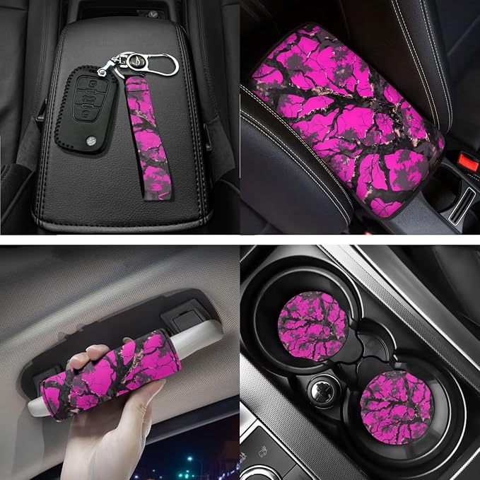Twig Prints Car Accessories Set of 18, Car Seat Covers Full Set with Auto Steering Wheel Cover Floor Mats Armrest Pad Covers Seat Belt Pads Roof Handle Wraps Cup Coaster Keychain