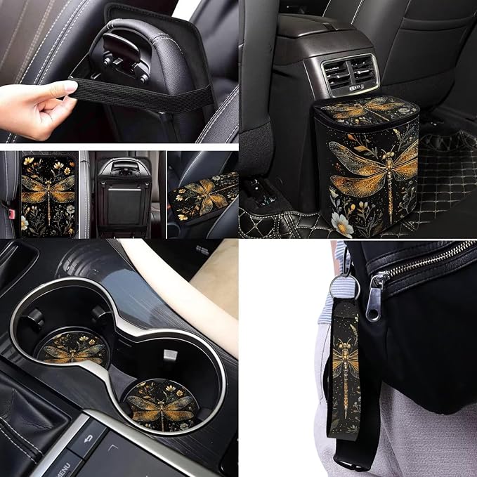 Dragonfly Car Seat Covers Full Set of 17 Pcs,Dragonfly Flowers Car Aaccessories Set with Steering Wheel Covers,Dragonfly Auto Seat Head Rest Protector for Auto Front Seat Rest Decoration
