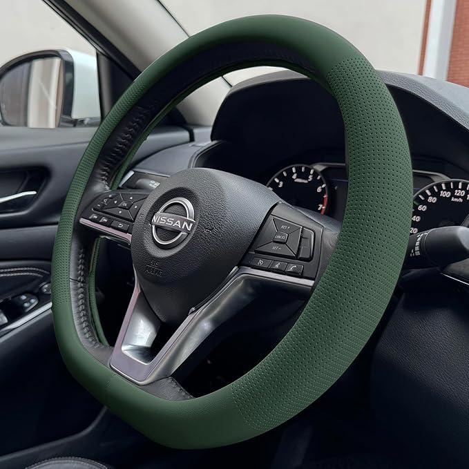 PINCTROT D Shaped Nappa Leather Steering Wheel Cover, Slim Fit No Bulk Design, One Piece Leather with Breathable Perforation, Fit Like Gloves, Flat Bottom 14.5-15 Inch(Nappa Green)