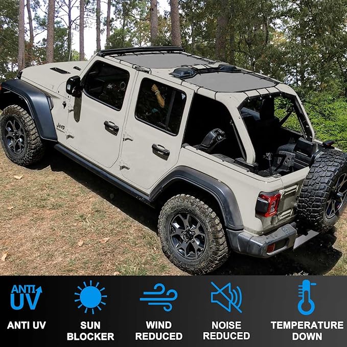 JL Top Sun Shade Roof Compatible with Jeep Wrangler 2 or 4 Door 2018 to 2023 Sunshade Sunroof Blocks UV Wind Noise Gray Mesh for Front and Rear 2 pcs