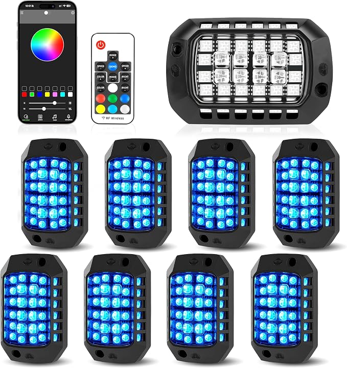 8 Pods 36 LEDs RGB Rock Lights Compatible with 12V Trucks Jeep UTV SUV ATV Boat Golf Cart,Waterproof, Multi-Color App/Remote Control Underglow Lights with Music Mode Plug and Play Easy Installation