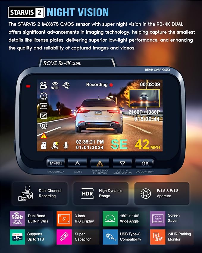 ROVE R2-4K Dual Dash Cam | Hardwire Kit | CPL Filter