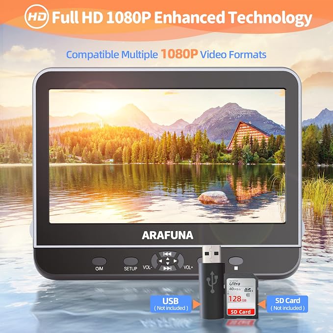 ARAFUNA 10.5" Portable DVD Player for Car with 1080P Full HD HDMI Input, Car DVD Player Dual Screen with Mounting Bracket, Headrest DVD Player Support Last Memory, USB/SD Card