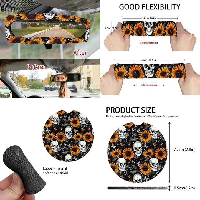 Sunflower Skeleton 15 PCS Car Seat Cover Full Set with Steering Wheel Cover Seat Belt Strap Pads Cup Coasters Trash Bag Rearview Mirror Cover Keychain Auto Interior Decor