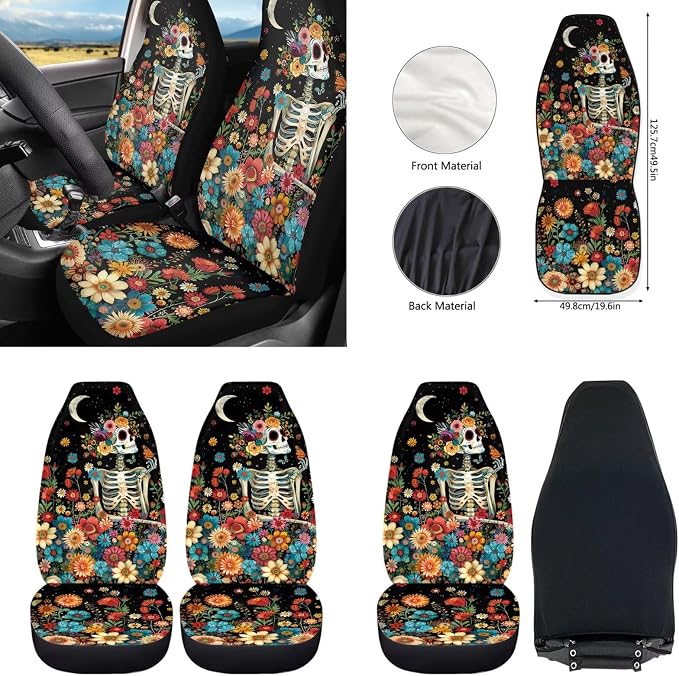 Howilath Hippie Flower Skull Auto Front Seats Protector Auto Accessories with Center Console Cover+Steering Wheel Cover+Seatbelt Pads+Keychain+Coasters Set of 10 Fit Most Vehicle