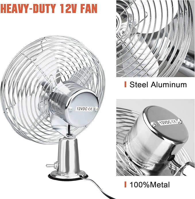 12V Portable Fan RV | Truck Cooling Heavy Duty 9" Metal Clip-On Car Fan Bus | Boat | Forklift | Car | Camper | Lawn | Mower | Tractor 2-Speed High Velocity Silver