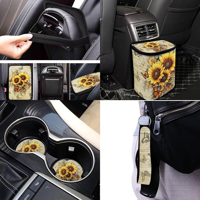 Sunflowers Car Seat Covers Full Set with Backseat Trash Can Steering Wheel Cover Retro Sunflowers Auto Aaccessories Sets Universal Car Seat Covers Full Set for Front and Rear,Universal Fit