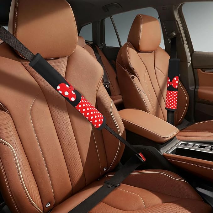 Cute Red Polka Dots Steering Wheel Cover with 2 Pack Car Seat Belt Covers and Car Seat Headrest Cover for Women