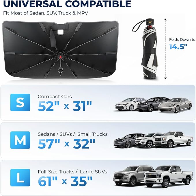 DMJN Umbrella Windshield Sun Shade - Large, Car Sunshade for Front Windshield [Nano Ice-Crystal Coatings] UPF50+ Heat & UV Block, Protect Interior & Keep Cooler Universal for Car, SUV, Truck