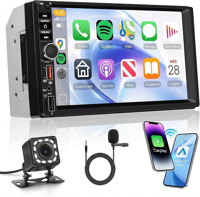 Wireless Carplay Android Auto Double Din Car Radio Stereo, 7 inch IPS Touchscreen Radio, 2 Din Car Radio Bluetooth, SWC, Backup Camera, Mirror Link, FM EQ, Type-C USB Fast Charging, Video Playback