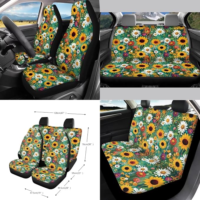 Oil Painting Sunflower Daisy Pattern Car Seat Covers Full Set Steering Wheel Cover Trash Can Air Vent Storage Bag Seatbelt Covers Rearview Mirror Cover Cup Coasters 15pcs Car Interior