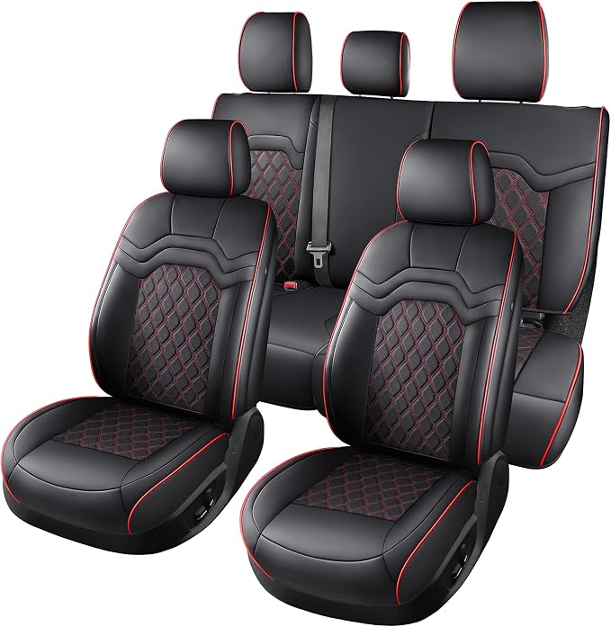 Huidasource Fit for Chevy Silverado Seat Covers, GMC Sierra Seat Covers for Truck 2014-2018 1500, 2015-2019 2500HD 3500HD Crew Double Extended Cab, Nappa Leather Seat Cover for Trucks (Full Set/Red)