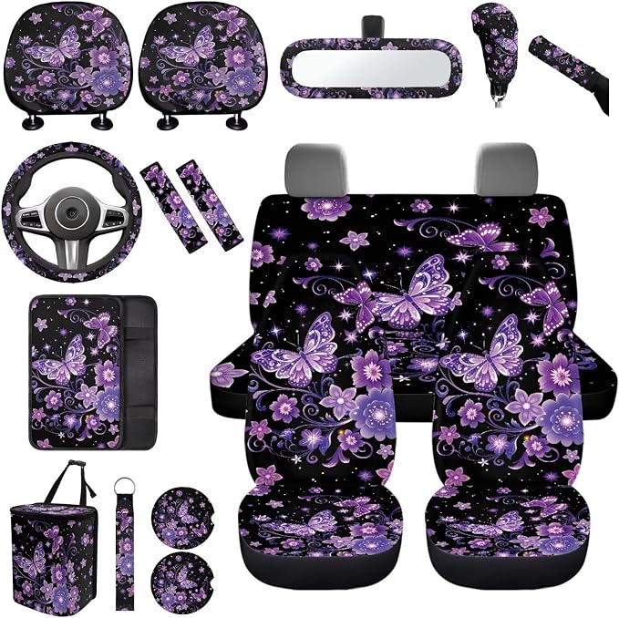 Purple Butterfly Car Seat Cover Full Sets Butterflies Flower Car Accessories 17 Pieces with Car Headrest Cover,Seatbelt Covers,Auto Seat Head Rest Protector for Auto Front Seat Rest Decor