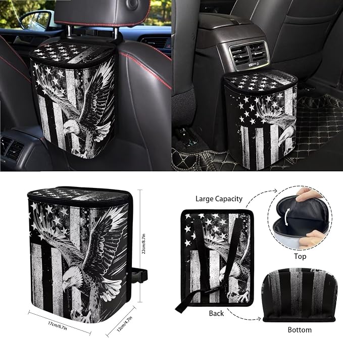 15Pcs Car Seat Cover Full Set Car Steering Wheel Cover Seat Belt Cover Trash Bin Air Vent Storage Box Front Rear View Mirror Car Cup Holder Keychain, Vintage American Flag Eagle