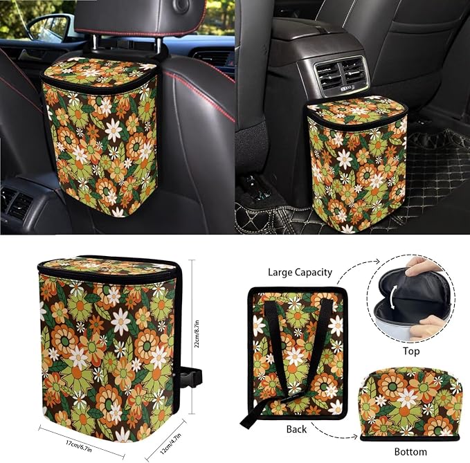 Hippie Daisy Pattern 15 Pieces Car Seat Cover Steering Wheel Cover, Seat Belt Covers Car Trash Can Cup Holders Keychain Air Vent Bag for Truck Vans Sedans