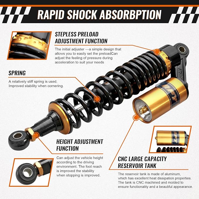 13.4 inch Universal Motorcycle Rear Air Shock Absorbers 340mm for HONDA for Suzuki for Yamaha for Kawasaki ATV Go Kart Quad Dirt Sport Bikes,Gold