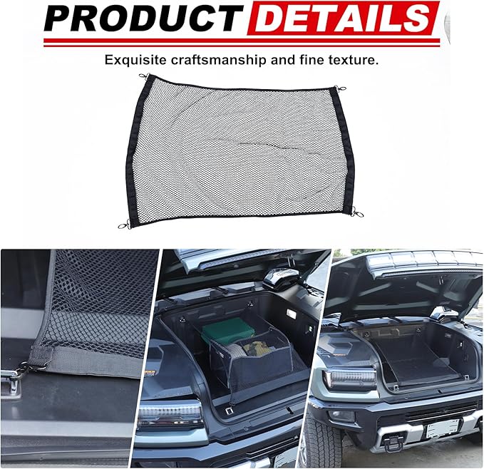Front Trunk Cargo Net for Hummer EV Accessories Envelope Style Storage Stretchable Highly Elastic Front Trunk Cargo Net for Hummer EV SUV Pickup 2022-2024 2025 Double Mesh Netting with Metal Hooks