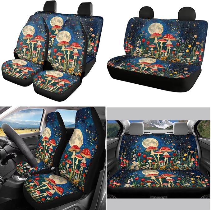 POLERO Starry Night Mushroom Seat Cover Set for Cars Cottagecore Floral Car Interior Accessories with Steering Wheel Cover Cute Keyrings, 11 Pcs
