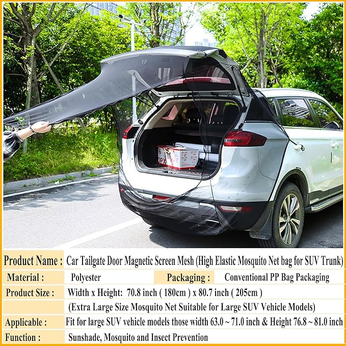 Car Tailgate Door Magnetic Screen Mesh for SUV Trunk, Camping Net Screens for Car Tent, Closed with Double-Ended Zipper, Protection B-u-g-s and UV Net, Breathable Mesh Cover (Extra Large)