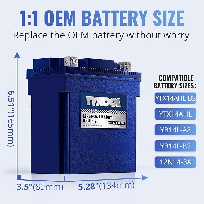 TYKOOL LFP14AHL-BS-PRO Lithium Battery, 480CCA 8Ah, Replaces YTX14AHL-BS, Fits for Motorcycle ATV Snowmobile Scooter, Compatible with Moto Guzzi V7 Royal Enfield Arctic Cat, Digital Readout [- +]