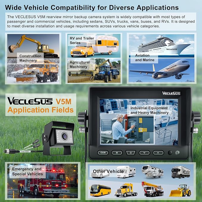 Backup camere System for Truck,VECLESUS V5M 5” 1080P Backup Camera System, 3-Channel Video Input with Reversing Delay & Night Vision, Waterproof Rear View Kit for Trucks/Buses/Vans