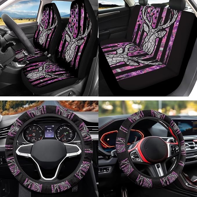 Flag Deer 12 Pack Car Seat Covers Full Set with Auto Seat Belt Cover Car Armrest Cushion Cars Cup Coasters Steering Wheel Cover Universal Fit Most Cars SUV