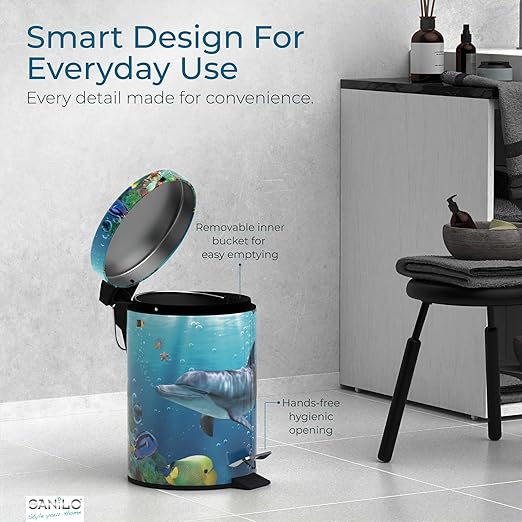 Sanilo Small Bathroom Trash Can with Lid [1.3 Gallon] - Lidded Tiny Trashcan for Garbage - Mini Metal Bin with Soft Closing Mechanism - Bath Room Accessoire Wastebin with Inner Bucket (Dolphin)