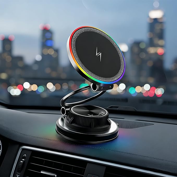 15W Fast Wireless Car Charger Mount, Magnetic Phone Holder for Dashboard & Air Vent, 360 Rotating Foldable Arm, AI Cooling, Strong N52 Magnet & Gel Suction for iPhone 17/16/15, Samsung Galaxy S24