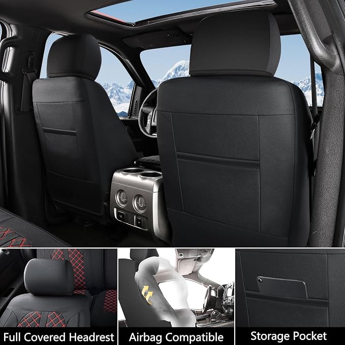 Truckiipa F150 Seat Covers Full Set Leather Waterproof Car Seat Cover Seat Protector Custom Fit for 2015-2026 Ford F150 SuperCrew, 2017-2026 F250 F350 F450 Super Duty Crew Cab, Full Set, Black&Red