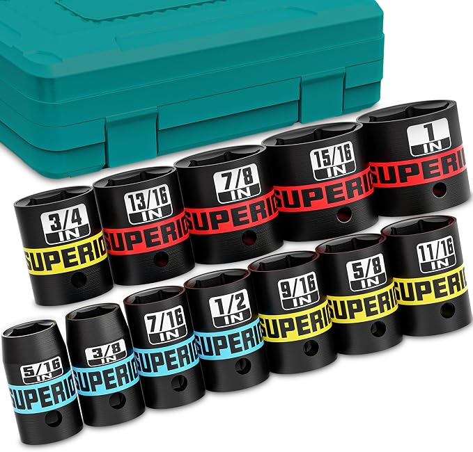 12 Piece 3/8" Drive Impact Socket Set, 5/16" - 1" Shallow Socket, SAE, 6 Point, CR-V, Automotive Motorcycle and Bicycle Maintenance, Machinery Manufacturing
