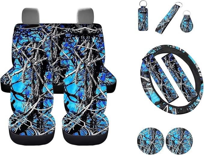 Blue Camo Oak Hunting 12Pc Car Seat Covers Full Set/Steering Wheel Covers/Seat Belt Pads/Key Chain/Coaster/Lipstick Holder Universal Auto Accessories Interior Protector Universal Fit