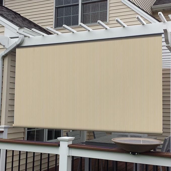 E&K Sunrise 7'W x 7'H Roll Up Shade Outdoor Roller Shade Blind Sun Shade UV Block for Patio Porch Backyard Gazebo Deck Pergola (Beige)