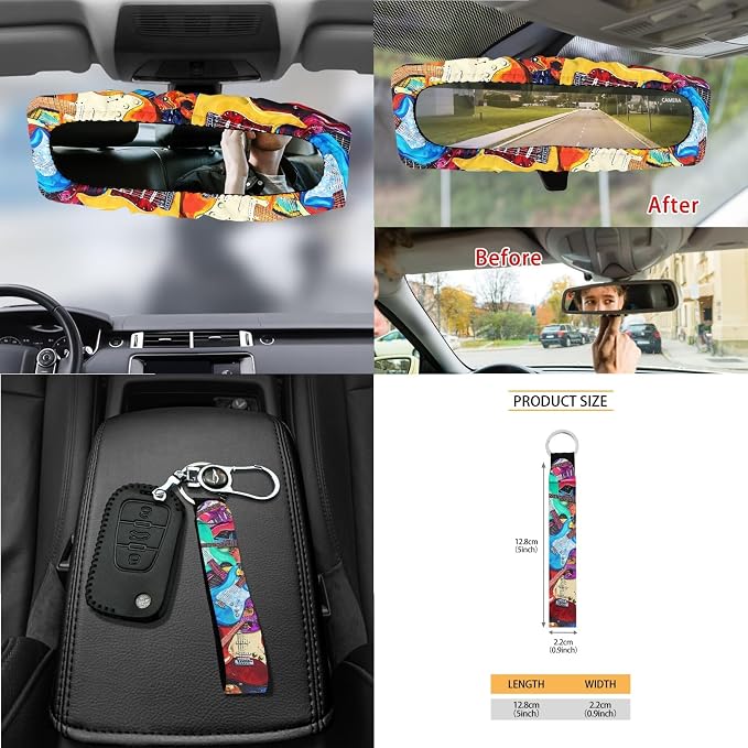 Colorful Guitar Print 15 PCS Car Front Back Seat Covers Full Set, Steering Wheel Cover Seatbelt Strap Pad Trash Cans Rear View Mirror Cover Air Vent Storage Bag Cup Coasters Keychain
