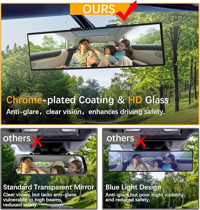 Rear View Mirror, Chrome Anti-glare Panoramic Rear Mirrors Universal 12 Inch Convex Car Interior Clip on Extra Big Wide Angle Rearview Mirror Extender to Reduce Blind Spot for Car SUV Trucks