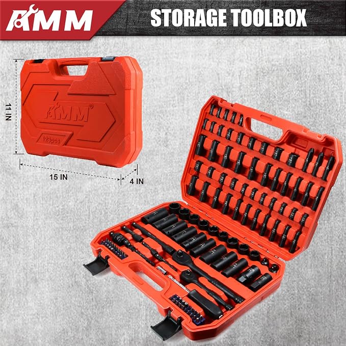AMM 123Pcs Impact socket set，1/4”3/8”Drive Deep&Shallow Socket wrench set，6 Point Metric&Standard Full 5/32"-3/4"，4-22mm with Spark plug sockets，72T Ratchet handle，Screwdrivers，for Automotive&Home