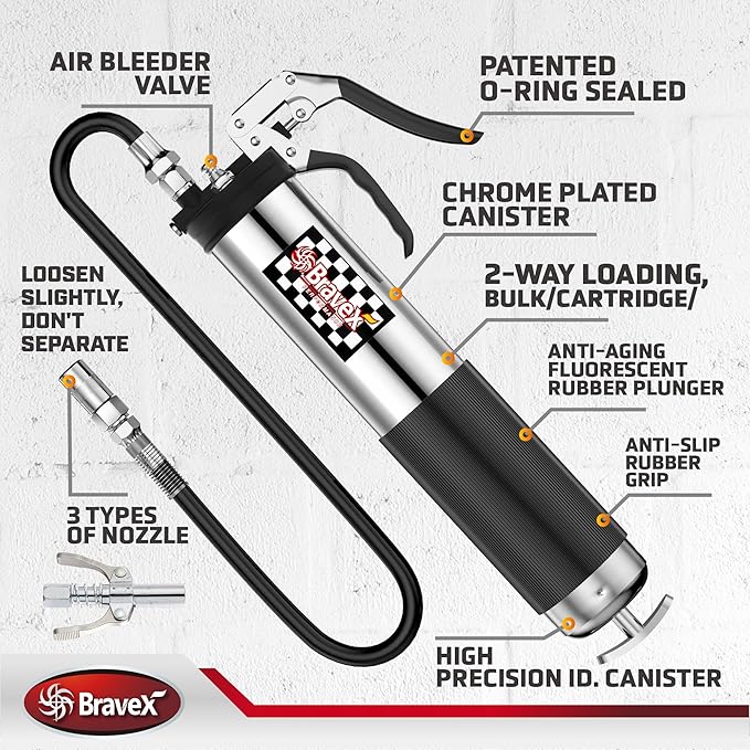Bravex Pistol Grip Grease Gun Heavy Duty Professional 6000 PSI W/Quick Release Coupler - 18 inch Flex Hose