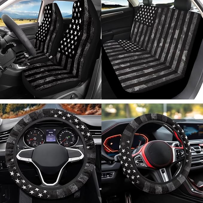 Black American Flag 12 Pcs Car Seat Covers with Steering Wheel Cover,Seat Belt Covers Cup Holder with Keychain Automotive Protector Set Unverisal Fit Cars SUV