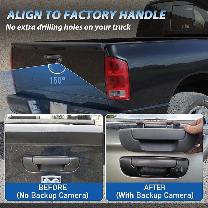 EWAY Tailgate Handle Reverse Camera for 2002-2008 Dodge RAM 1500 2500 3500 Tailgate Latch Door Handle Aftermarket Reversing Back Up Rear View Backup Camera RCA Connector w/ 26FT Extension Harness