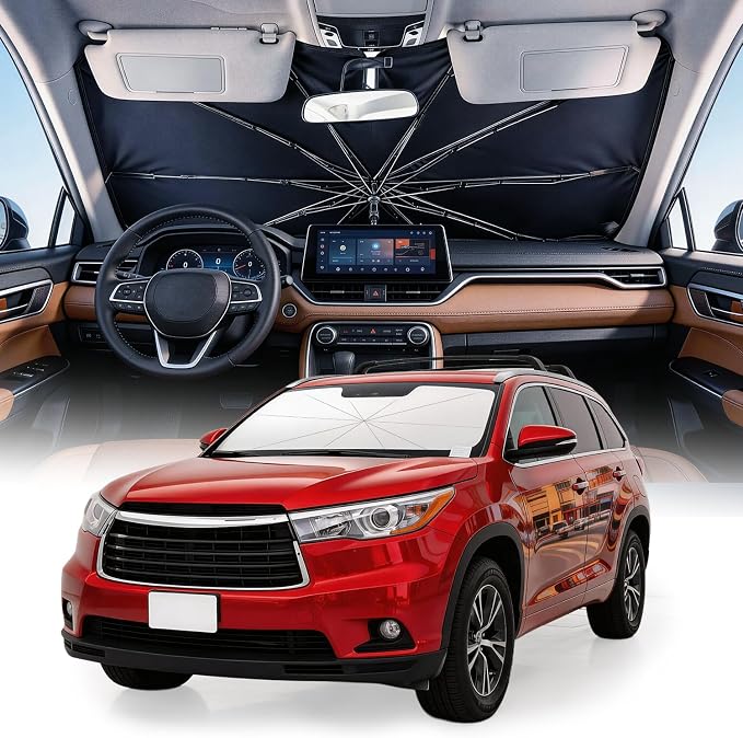 Weektic Custom Windshield Sun Shade Umbrella for Toyota Highlander 2008-2019, [Double Thickened Ice Crystal Coating] Sun & Heat Protection, Keep Vehicle Cool & Protect Interior