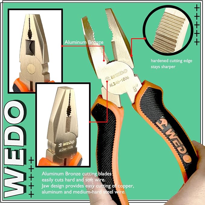 WEDO Non-Sparking Lineman's Pliers 7", Spark-free Safety Side Cutter Linemans Pliers, Combination Pliers, Wire Stripper, Crimper, DIN Standard, BAM & FM Certificate, Aluminum Bronze